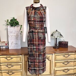 Karl Lagerfeld Black Brown Rust Plaid Pleated Sleeveless Midi Dress NEW NWT